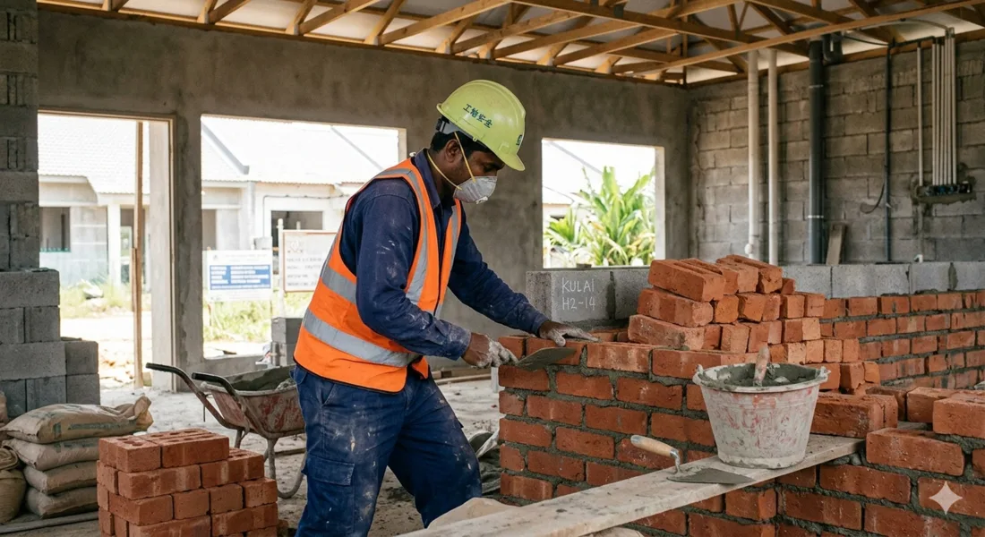 A worker laying brickwork inside a building under construction