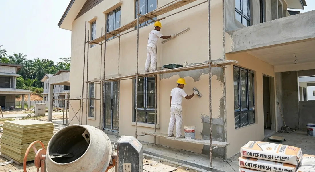 Workers applying external wall finishing from scaffolding