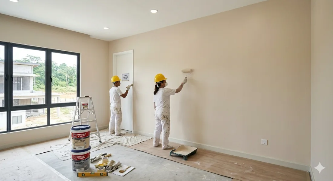 Workers applying internal wall finishing in a bright interior room