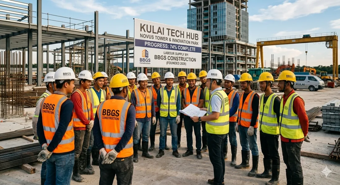 A construction labour team receiving a site briefing in Kulai