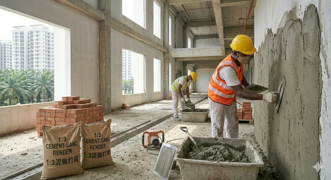 A worker plastering a cement wall inside a construction project