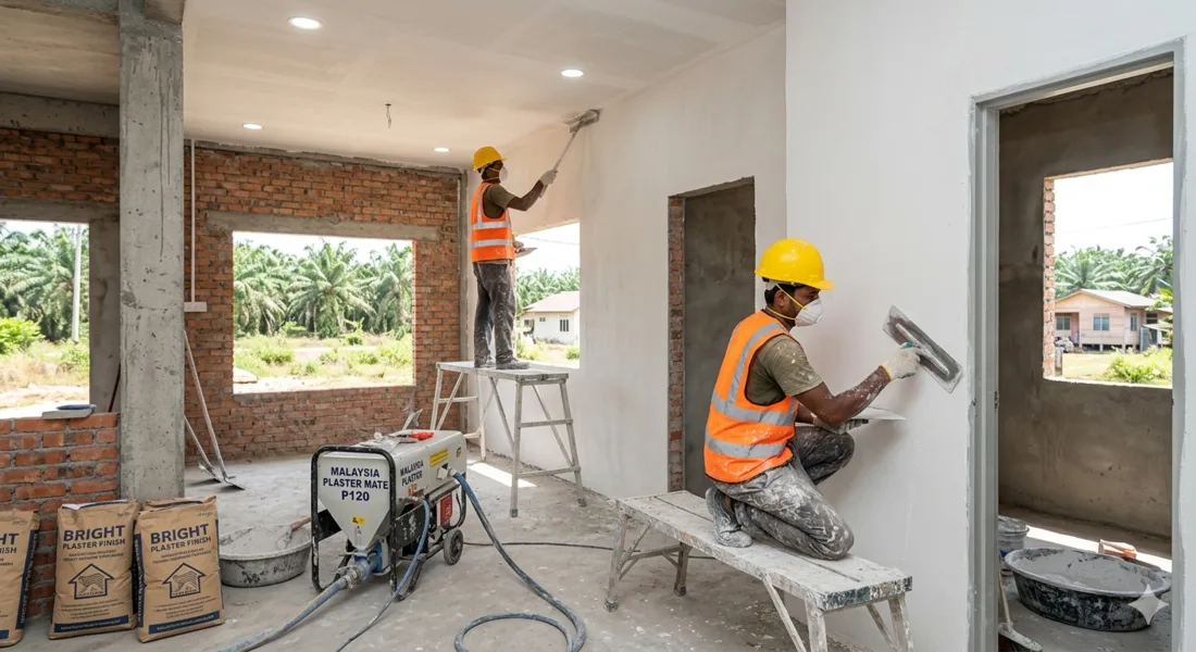 Workers applying skim coat to internal walls