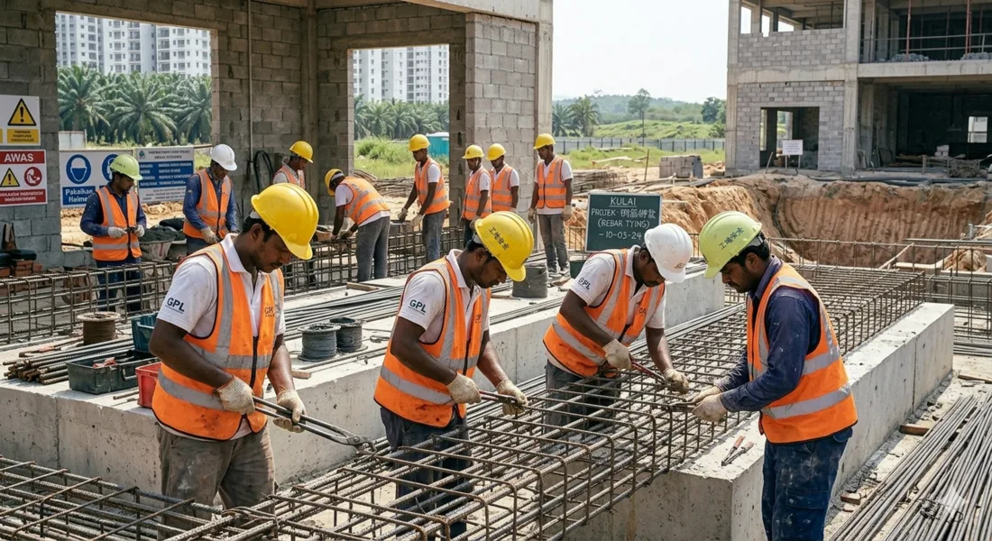 Workers tying steel reinforcement bars on a construction site