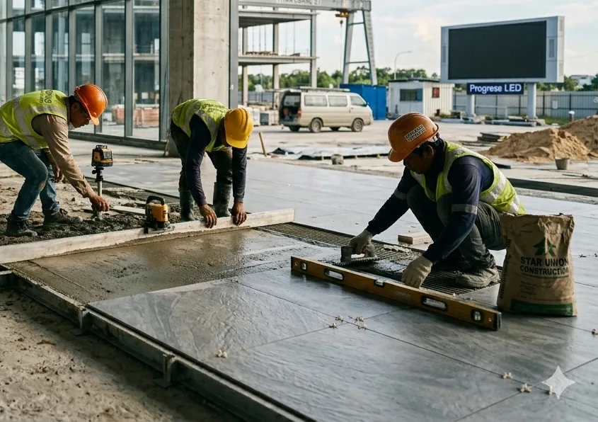 Workers levelling tiles and screed on a construction floor