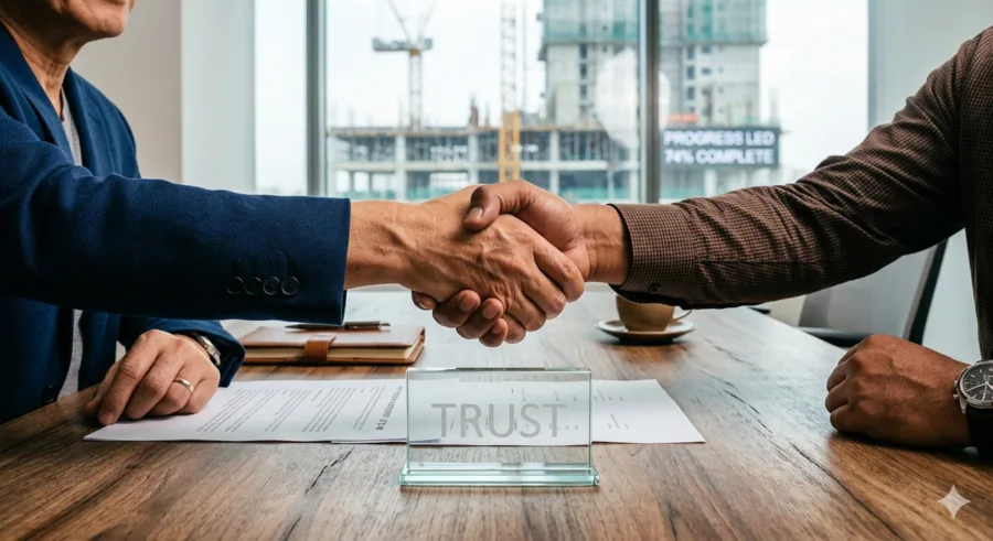 A project owner and contractor shaking hands across a construction agreement